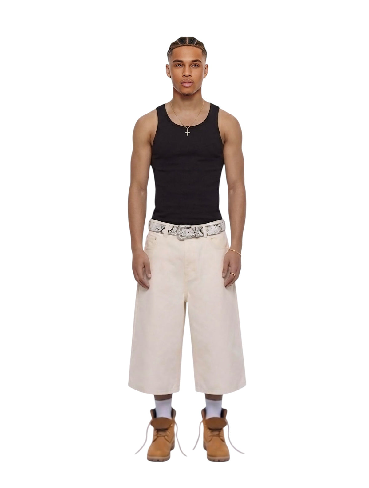 R3UPGARMS - Wide Leg Denim Shorts in Ecru